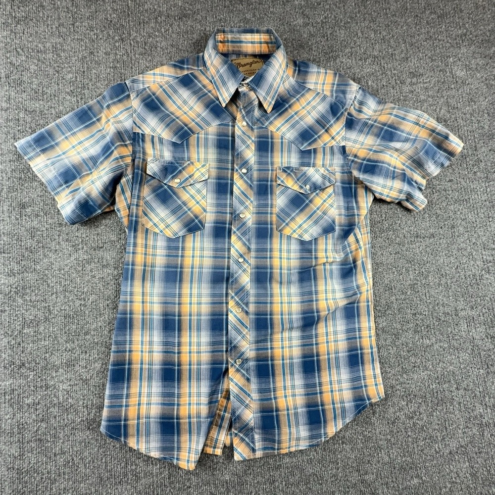 Wrangler Mens Medium Blue Plaid Western Pearl Snap Short Sleeve Shirt WM169NO